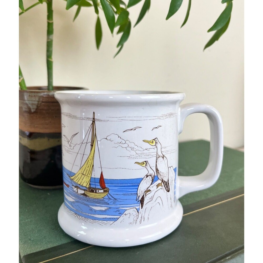 Vintage Otagiri JAPAN Nautical Seagulls & Sailboat Hand Painted Stoneware Mug